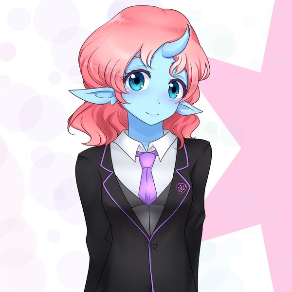 Size: 4096x4096 | Tagged: absurd resolution, alternate version, anime, artist:jonfawkes, blushing, clothes, commission, derpibooru import, female, horn, horned humanization, human, humanized, humanoid, looking at you, necktie, ocellus, safe, smiling, solo, suit