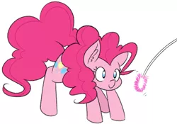 Size: 1425x998 | Tagged: safe, artist:reiduran, derpibooru import, pinkie pie, earth pony, pony, behaving like a cat, cat toy, cute, diapinkes, ear fluff, female, mare, pinkie cat, simple background, smiling, solo, white background