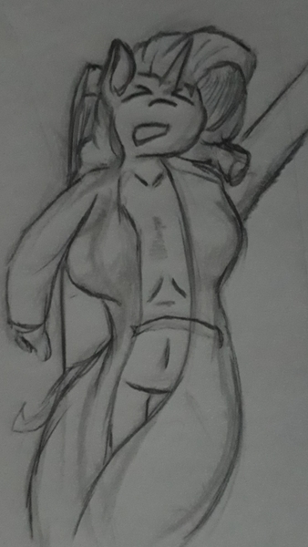 Size: 1319x2344 | Tagged: anthro, artist:shehaveboththings, breasts, clothes, derpibooru import, eyes closed, female, gray background, grayscale, monochrome, open mouth, questionable, rarity, simple background, solo, traditional art