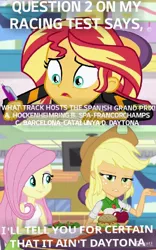 Size: 412x659 | Tagged: safe, derpibooru import, applejack, fluttershy, sunset shimmer, fanfic:equestria motorsports, equestria girls, mirror magic, spoiler:eqg specials, caption, circuit de barcelona-catalunya, circuit de spa francorchamps, daytona international speedway, food, hockenheimring, journal, studying, studying for an automobile racing test