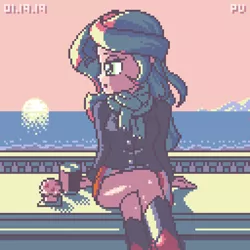 Size: 1024x1024 | Tagged: dead source, safe, artist:branewashpv, derpibooru import, sunset shimmer, human, equestria girls, beach, beautiful, boots, clothes, coffee, crossed legs, cute, female, food, jacket, miniskirt, muffin, pixel art, scarf, shoes, skirt, sky, solo, sunset, water