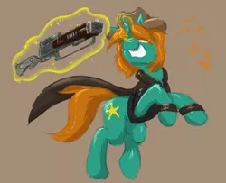 Size: 2400x1952 | Tagged: safe, artist:frist44, derpibooru import, oc, oc:dust runner, unofficial characters only, pony, unicorn, fallout equestria, clothes, cowboy hat, cutie mark, energy weapon, fallout, fallout: new vegas, female, glowing horn, grin, gun, hat, hooves, horn, laser rifle, levitation, magic, magical energy weapon, male, mare, rifle, simple background, smiling, solo, stallion, telekinesis, weapon