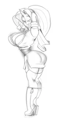 Size: 483x1023 | Tagged: suggestive, artist:bigdad, derpibooru import, rarity, human, pony, unicorn, big breasts, boob window, boots, breasts, busty rarity, butt, cleavage, clothes, dress, garters, grayscale, high heel boots, horn, horned humanization, huge breasts, humanized, looking back, makeup, monochrome, rearity, shoes, socks, stockings, thigh highs