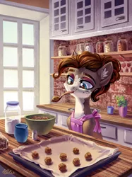 Size: 1654x2217 | Tagged: safe, artist:holivi, derpibooru import, oc, oc:cookie dough, unofficial characters only, cat, cat pony, original species, pony, apron, baking, brick, brown hair, bun, clothes, color, commission, cookie, cute, female, food, green eyes, kitchen, lighting, makeup, mare, plant, solo, spoon, window