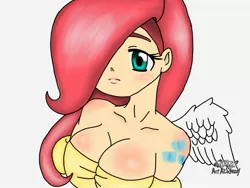 Size: 1024x768 | Tagged: suggestive, artist:missmaggiejoxoxo, derpibooru import, fluttershy, bat pony, human, adorasexy, alternate cutie mark, alternative cutie mark placement, big breasts, blushing, breasts, busty fluttershy, cleavage, cute, female, flutterbat, frown, hair over one eye, humanized, lipstick, looking at you, race swap, sexy, shoulder cutie mark, shyabetes, simple background, solo, solo female, spread wings, white background, winged humanization, wing fluff, wings