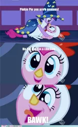 Size: 500x818 | Tagged: safe, derpibooru import, edit, edited screencap, screencap, pinkie pie, twilight sparkle, bird, chicken, pony, luna eclipsed, animal costume, chicken pie, chicken suit, clothes, comic, costume, duo, funny, misspelling, nightmare night costume, screencap comic, silly, silly pony, star swirl the bearded costume, text