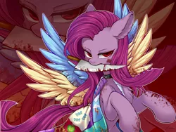 Size: 2828x2121 | Tagged: source needed, semi-grimdark, artist:foxcarp, derpibooru import, pinkie pie, earth pony, pony, fanfic, fanfic:cupcakes, absurd resolution, angry, blanket, blood, cape, clothes, creepy, fanfic art, female, knife, mare, mouth hold, pinkamena diane pie, quilt, red eyes, solo, wings, zoom layer
