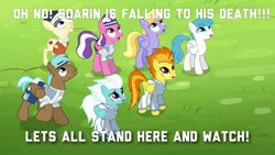 Size: 1024x576 | Tagged: safe, derpibooru import, edit, edited screencap, screencap, abradacanter, cloud kicker, fleetfoot, haymaker, lightning bolt, soarin', spitfire, unnamed character, unnamed pony, white lightning, pegasus, pony, rainbow falls, background pony, dark comedy, female, funny, implied soarin', looking up, male, mare, stallion, text