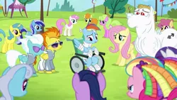 Size: 731x411 | Tagged: safe, derpibooru import, screencap, bulk biceps, carrot top, daisy, dizzy twister, fleetfoot, flower wishes, fluttershy, golden harvest, lemon hearts, linky, minuette, orange swirl, pinkie pie, rainbow dash, shoeshine, spitfire, twilight sparkle, twilight sparkle (alicorn), twinkleshine, alicorn, pony, rainbow falls, bandage, wheelchair