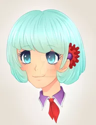 Size: 1024x1334 | Tagged: artist:scarlet-spectrum, bust, cocobetes, coco pommel, colored pupils, cute, derpibooru import, deviantart watermark, female, head only, human, human coloration, humanized, light skin, obtrusive watermark, portrait, safe, solo, watermark