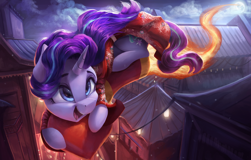 Size: 4000x2550 | Tagged: safe, artist:vanillaghosties, derpibooru import, starlight glimmer, pony, unicorn, cheongsam, chinatown, chinese new year, clothes, cute, dress, female, fireworks, glimmerbetes, kimono (clothing), mare, new year, rocket, smiling, solo, this will end in explosions