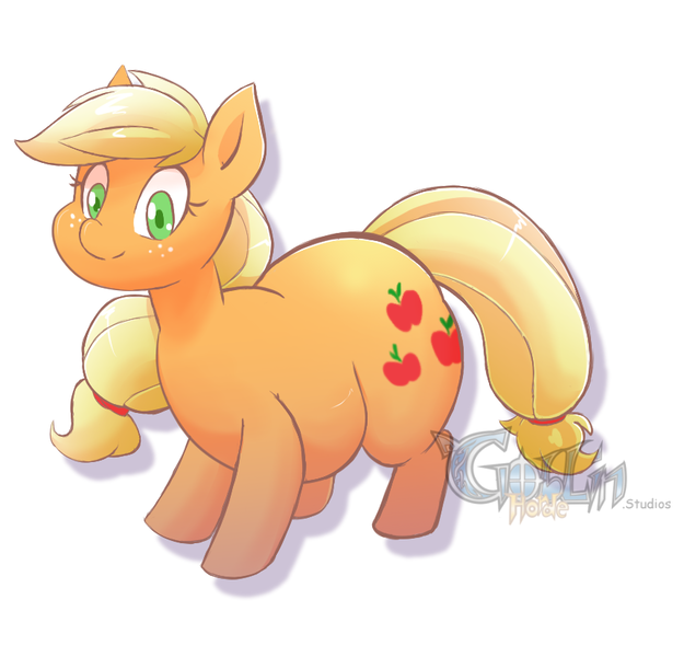 Size: 860x826 | Tagged: safe, artist:goblinhordestudios, derpibooru import, edit, editor:jamalleymall, applejack, earth pony, pony, adorafatty, applefat, chubby, chubby jack, cropped, cute, fat, female, freckles, jackabetes, mare, missing accessory, simple background, smiling, solo, white background