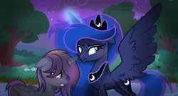 Size: 1588x858 | Tagged: safe, artist:alizeethepony2008, derpibooru import, princess luna, oc, oc:honey moon, oc:honeymoon, alicorn, pony, unicorn, alicorn oc, female, horn, image, mare, mother and child, mother and daughter, night, offspring, parent:king sombra, parent:princess luna, parents:lumbra, png, sad, unicorn oc, wings