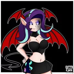 Size: 4000x4000 | Tagged: artist:caoscore, belly button, breasts, cleavage, clothes, costume, demon, derpibooru import, female, human, humanized, light skin, midriff, miniskirt, safe, skirt, smiling, smirk, solo, starlight glimmer, wings