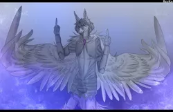 Size: 1912x1242 | Tagged: anthro, artist needed, derpibooru import, double deuce, middle feather, middle finger, oc, oc:light knight, pegasus, safe, solo, vulgar, wing hands, wings