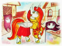 Size: 2321x1722 | Tagged: safe, artist:das_leben, derpibooru import, oc, oc:king phoenix, unofficial characters only, alicorn, pony, alicorn oc, armor, flag, horn, male, raised hoof, solo, stallion, wings