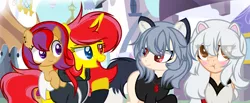 Size: 1280x528 | Tagged: safe, artist:xxmaikhanhflarexx, derpibooru import, oc, oc:flaming flare, oc:kasumi, oc:rei, unofficial characters only, original species, pegasus, pony, unicorn, base used, female, filly, heterochromia, mare