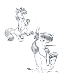 Size: 1024x1179 | Tagged: safe, artist:baron engel, derpibooru import, apple bloom, earth pony, pony, bow, female, filly, grayscale, hair bow, jewelry, monochrome, mouth hold, paint can, paintbrush, pencil drawing, pendant, simple background, solo, story included, traditional art, white background