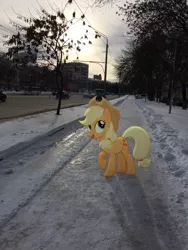 Size: 2448x3264 | Tagged: safe, artist:albertuha, derpibooru import, applejack, earth pony, pony, female, irl, mare, photo, ponies in real life, raised hoof, russia, smiling, snow, solo, winter