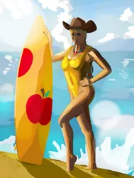 Size: 1351x1787 | Tagged: applejack, artist:ponyhiall, beach, breasts, clothes, derpibooru import, female, hat, human, humanized, jewelry, necklace, one-piece swimsuit, solo, suggestive, sun, surfboard, swimsuit