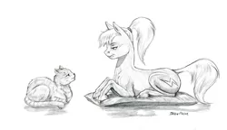 Size: 1400x808 | Tagged: safe, artist:baron engel, derpibooru import, oc, oc:quick silver, cat, earth pony, pony, cushion, female, grayscale, lying down, mare, monochrome, pencil drawing, ponytail, simple background, story included, traditional art, white background