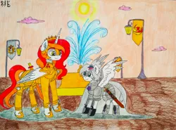 Size: 1600x1181 | Tagged: safe, derpibooru import, oc, oc:king phoenix, oc:light knight, unofficial characters only, alicorn, pegasus, pony, alicorn oc, armor, duo, horn, male, spread wings, stallion, sun, sword, traditional art, weapon, wings