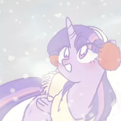 Size: 768x768 | Tagged: safe, artist:xp_r6, derpibooru import, twilight sparkle, twilight sparkle (alicorn), alicorn, pony, blushing, breath, clothes, cute, earmuffs, female, looking up, mare, open mouth, scarf, smiling, snow, snowfall, solo, twiabetes, winter