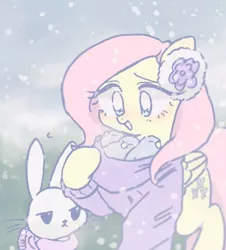 Size: 665x737 | Tagged: safe, artist:xp_r6, derpibooru import, angel bunny, fluttershy, bird, pegasus, pony, rabbit, animal, blushing, clothes, cute, female, mare, open mouth, snow, sweater, winter