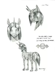 Size: 1000x1344 | Tagged: safe, artist:baron engel, derpibooru import, oc, oc:last thing, pony, unicorn, female, grayscale, mare, monochrome, pencil drawing, simple background, traditional art, white background