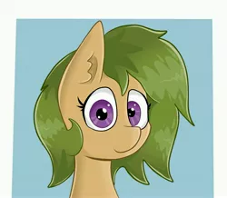 Size: 5496x4800 | Tagged: safe, artist:waffletheheadmare, derpibooru import, oc, oc:sunberry, unofficial characters only, pony, absurd resolution, bust, ear fluff, female, green hair, green mane, head only, looking at you, mare, purple eyes, simple background, smiling, solo