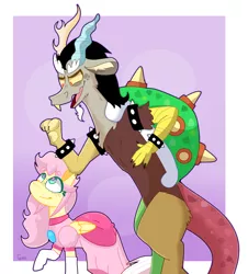 Size: 1280x1417 | Tagged: safe, artist:gissel00001, derpibooru import, discord, fluttershy, draconequus, pegasus, pony, alternate hairstyle, bowser, bowsercord, bracelet, clothes, cosplay, costume, discoshy, dress, female, flutterpeach, folded wings, freckles, looking up, male, mare, pink dress, princess peach, raised hoof, shipping, socks, spiked wristband, standing, straight, super mario bros., wings, wristband