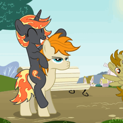 Size: 840x840 | Tagged: safe, artist:pizzamovies, derpibooru import, oc, oc:incendia, oc:pizzamovies, oc:twister breeze, pony, animated, bench, blinking, building, cutie mark, eyes closed, female, gif, grass, male, mare, ponies riding ponies, ponyville, riding, sky, stallion, town, tree, unamused, waving, windmill