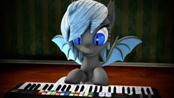 Size: 1920x1080 | Tagged: safe, artist:nightblood, derpibooru import, oc, oc:moonlight melody, unofficial characters only, bat pony, pony, 3d, cute, keyboard, source filmmaker