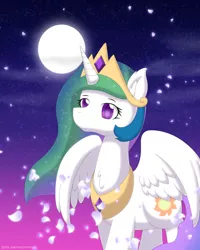 Size: 2000x2500 | Tagged: safe, artist:rockfannel, derpibooru import, princess celestia, alicorn, pony, female, flower petals, full moon, high res, mare, moon, night, solo, stars