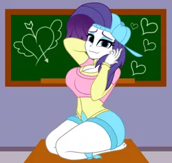 Size: 1900x1800 | Tagged: dead source, safe, artist:mashoart, derpibooru import, rarity, equestria girls, friendship university, alternate hairstyle, backwards ballcap, barefoot, baseball cap, big breasts, breasts, busty plainity, busty rarity, cap, chalkboard, clothes, denim skirt, disguise, equestria girls interpretation, feet, female, hat, looking at you, no catchlights, plainity, scene interpretation, shorts, skirt, solo, stupid sexy rarity, thighs