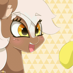 Size: 1111x1111 | Tagged: safe, artist:n0nnny, derpibooru import, ponified, earth pony, pony, abstract background, animated, blaze (coat marking), blushing, boop, cheek fluff, cute, ear fluff, epona, eponadorable, eye shimmer, female, frame by frame, gif, happy, hnnng, mare, n0nnny's boops, nose wrinkle, offscreen character, open mouth, scrunchy face, sheikah text, smiling, solo focus, teeth, the legend of zelda, the legend of zelda: breath of the wild, triforce