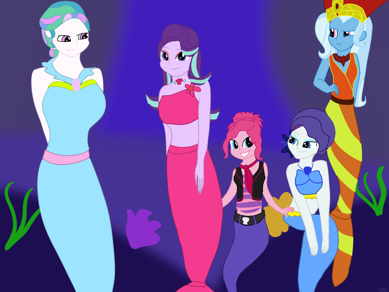 Size: 1600x1200 | Tagged: safe, artist:fireboltpug, derpibooru import, pinkie pie, princess celestia, rarity, starlight glimmer, trixie, mermaid, equestria girls, barbie in a mermaid tail, crossover, mermaidized, species swap