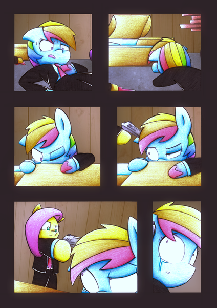 Size: 2890x4088 | Tagged: artist:mustachedbain, blood, casket, clothes, comic, comic:the judas heist, derpibooru import, fluttershy, gun, handgun, necktie, payday the heist, pegasus, pistol, rainbow dash, semi-anthro, semi-grimdark, suit, weapon