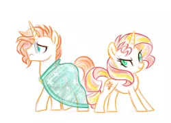 Size: 1280x924 | Tagged: safe, artist:mn27, derpibooru import, sunburst, sunset shimmer, pony, unicorn, brother and sister, cape, clothes, colored sketch, duo, female, looking at you, male, mare, see-through, siblings, sketch, stallion, sunny siblings