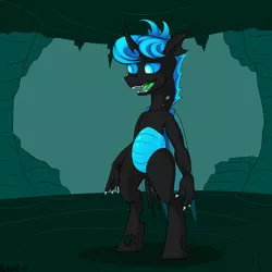 Size: 2953x2953 | Tagged: anthro, anthro oc, artist:rubiont, blue changeling, cave, changeling, changeling oc, derpibooru import, glowing eyes, hand, male, oc, oc:change, safe, solo, unofficial characters only