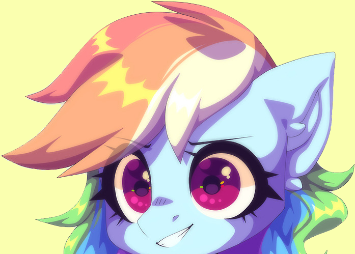 Size: 697x499 | Tagged: safe, artist:arachne149, derpibooru import, edit, rainbow dash, pegasus, pony, bust, cute, dashabetes, eye clipping through hair, female, mare, smiling, solo