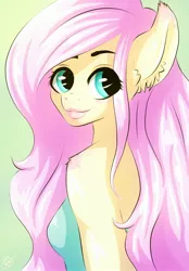 Size: 1600x2300 | Tagged: anthro, artist:lucaaegus, clothes, cute, derpibooru import, female, fluttershy, gradient background, lipstick, looking back, safe, shyabetes, solo