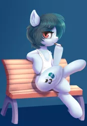 Size: 1872x2700 | Tagged: safe, artist:alexander56910, derpibooru import, oc, oc:delta vee, unofficial characters only, pony, bench, chest fluff, crossed legs, cutie mark, ear fluff, looking at you, simple background, smoking, solo