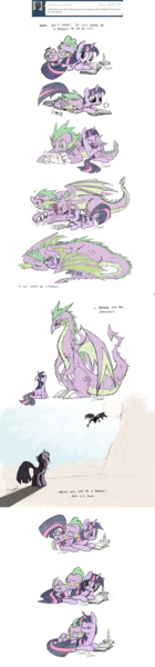 Size: 2550x10952 | Tagged: safe, alternate version, artist:skutchi, derpibooru import, spike, twilight sparkle, dragon, pony, unicorn, ask twilight sparkle, adult, adult spike, age progression, ask, blushing, book, candle, colored, comic, crying, cuddling, dialogue, eye contact, eyes closed, fangs, feels, female, flying, frown, hug, image, imagination, imagining, kiss on the cheek, kissing, laughing, levitation, looking at each other, looking back, looking up, lying, magic, male, mama twilight, mare, older, older spike, on back, on top, open mouth, png, pony pillow, prone, quill, reading, sad, scales, scroll, sitting, size difference, sleeping, smiling, spikelove, spread wings, sun, teary eyes, telekinesis, this ended in tears, this will end in tears, tickling, tumblr, underhoof, unicorn twilight, wall of tags, watching, wavy mouth, wide eyes, wing blanket, winged spike, winghug, wings, writing