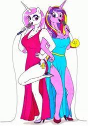 Size: 2464x3491 | Tagged: safe, artist:killerteddybear94, derpibooru import, fleur-de-lis, princess cadance, alicorn, anthro, unicorn, beautisexy, big breasts, breasts, busty fleur-de-lis, busty princess cadance, cleavage, clothes, cutie mark, dress, duet, duo, ear piercing, earring, hand on hip, high heels, jewelry, legs, linked arms, looking at each other, microphone, necklace, open mouth, piercing, raised leg, shoes, side slit, singing, smiling, standing, standing on one leg, traditional art