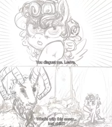 Size: 1400x1576 | Tagged: safe, artist:plotcore, derpibooru import, cozy glow, grogar, ponified, pegasus, pony, /mlp/, description is relevant, dialogue, drawthread, female, filly, monochrome, one punch man, simple background, subtitles, white background