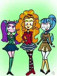 Size: 960x1280 | Tagged: safe, artist:miss---mystery, derpibooru import, adagio dazzle, aria blaze, sonata dusk, equestria girls, clothes, crossed arms, crossover, cute, heathers, mary janes, miniskirt, musical, open mouth, pigtails, pleated skirt, ponytail, shoes, skirt, socks, starry eyes, the dazzlings, thigh highs, trio, twintails, wingding eyes, zettai ryouiki