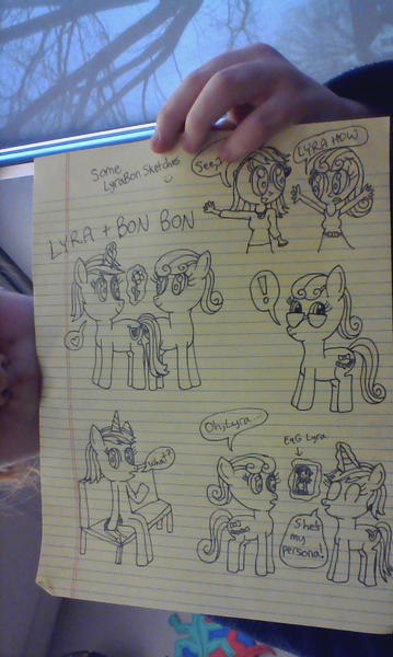 Size: 716x1198 | Tagged: safe, artist:nightshadowmlp, derpibooru import, bon bon, lyra heartstrings, sweetie drops, human, equestria girls, exclamation point, female, flower, glowing horn, horn, irl, irl human, lesbian, lined paper, lyrabon, meme, paper, photo, secret agent sweetie drops, shipping, sitting, sitting lyra, sunglasses, traditional art