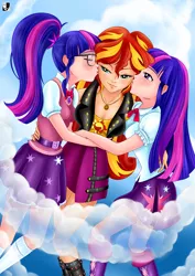 Size: 1000x1414 | Tagged: safe, artist:lord--opal, derpibooru import, sci-twi, sunset shimmer, twilight sparkle, human, equestria girls, equestria girls series, blushing, boots, bow, bowtie, clothes, eyes closed, female, glasses, humanized, jewelry, kiss on the cheek, kiss sandwich, kissing, lesbian, necklace, polyamory, scitwishimmer, self paradox, shipping, shoes, skirt, socks, sunset twiangle, sunsetsparkle, twolight