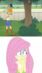 Size: 486x840 | Tagged: safe, artist:jucamovi1992, derpibooru import, edit, screencap, applejack, fluttershy, diy with applejack, equestria girls, equestria girls series, spoiler:eqg series (season 2), axe, geode of super strength, goggles, implied fluttertree, magical geodes, scared, tree, weapon